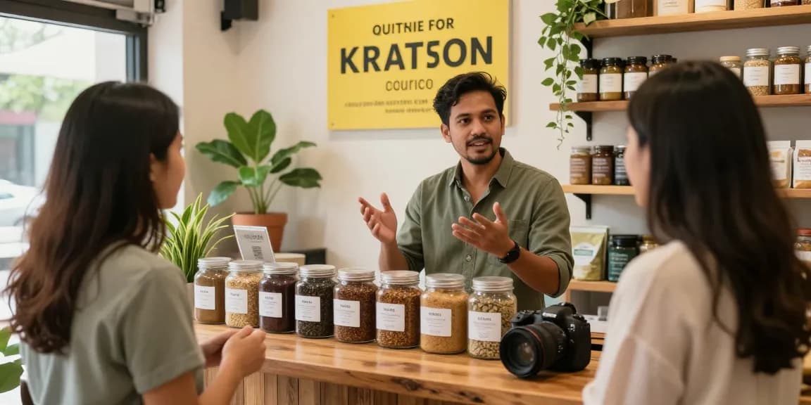 Vendor explaining potent kratom powder benefits in natural wellness shop.