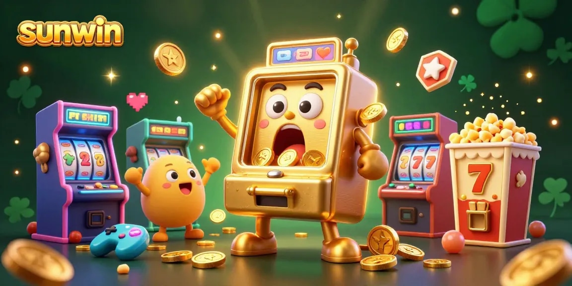 Sunwin slot machine hits jackpot, surrounded by cheering machines and arcade game elements.