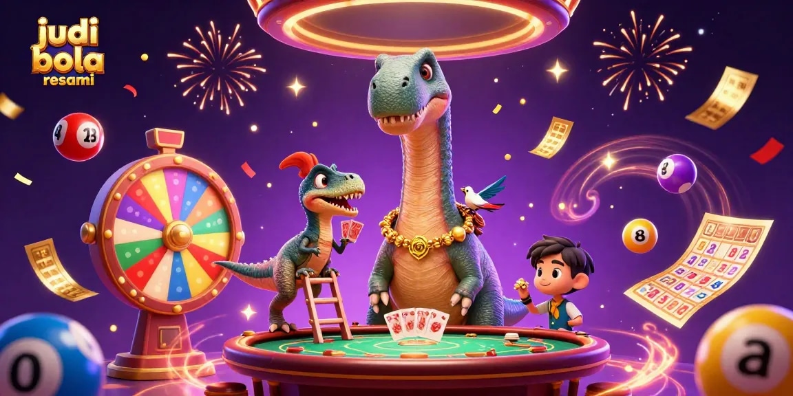 Engage with judi bola resmi at dynamic casino scene featuring animated dinosaur characters, cards and lottery balls.