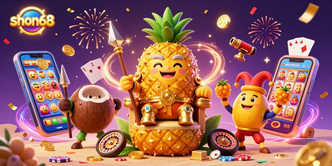 Engage winning strategies at shon68 with dynamic casino action featuring a golden pineapple king, vibrant slot games, and festive elements.