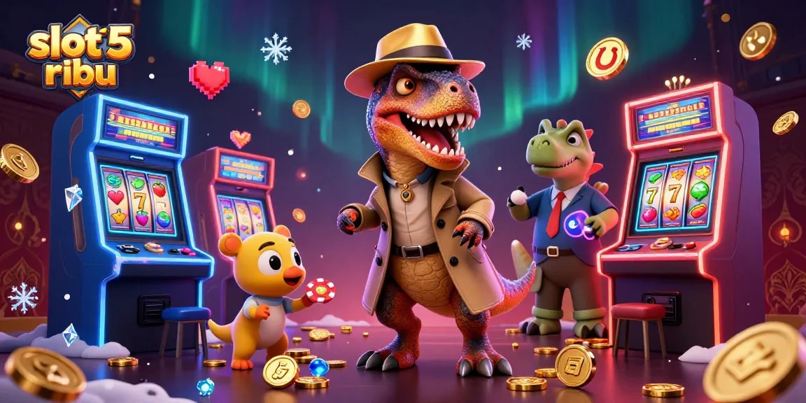 Win big with slot 5 ribu at the vibrant casino featuring colorful characters and gaming elements.