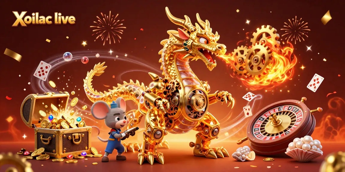 Xoilac live ignites excitement with a dynamic scene featuring a golden dragon and roulette wheel.