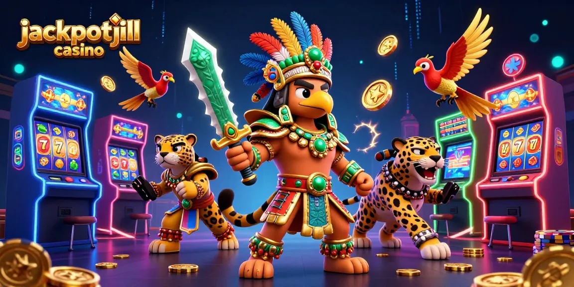 Spinning slot reels and jackpots bring action to the jackpotjill casino scene with cartoon warriors.