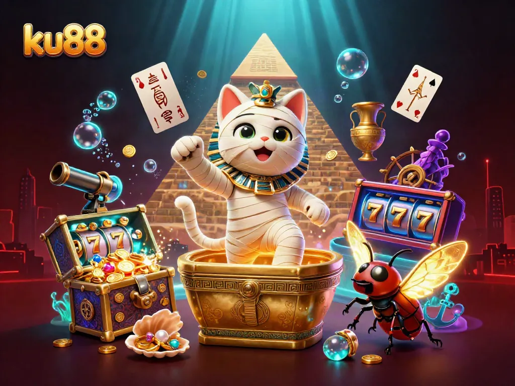 Experience ku88 thrills with a lively 3D scene of a mummy cat, glowing scarab, and casino elements.