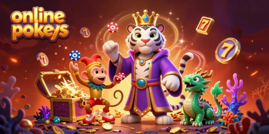 Experience vibrant online pokies action with a lively tiger, monkey, and jade dragon illustration.