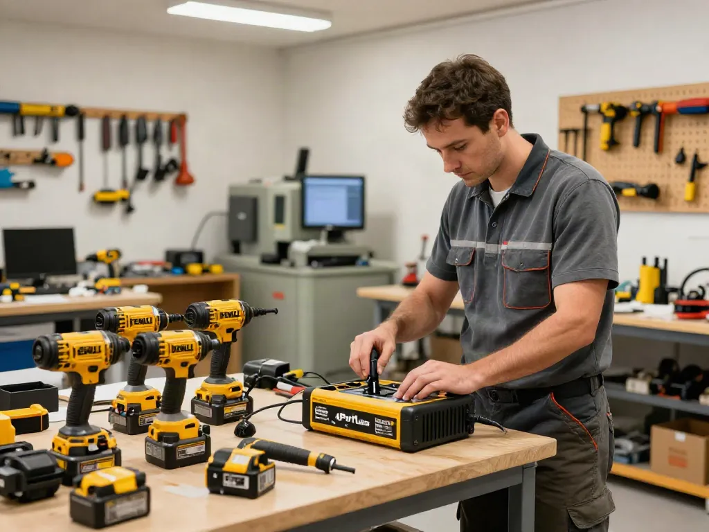 Technician using the DEWALT 4 port charger in a professional workshop.