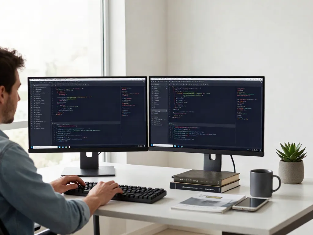 Developer coding on dual monitors in a modern workspace illustrating instant indexing techniques.