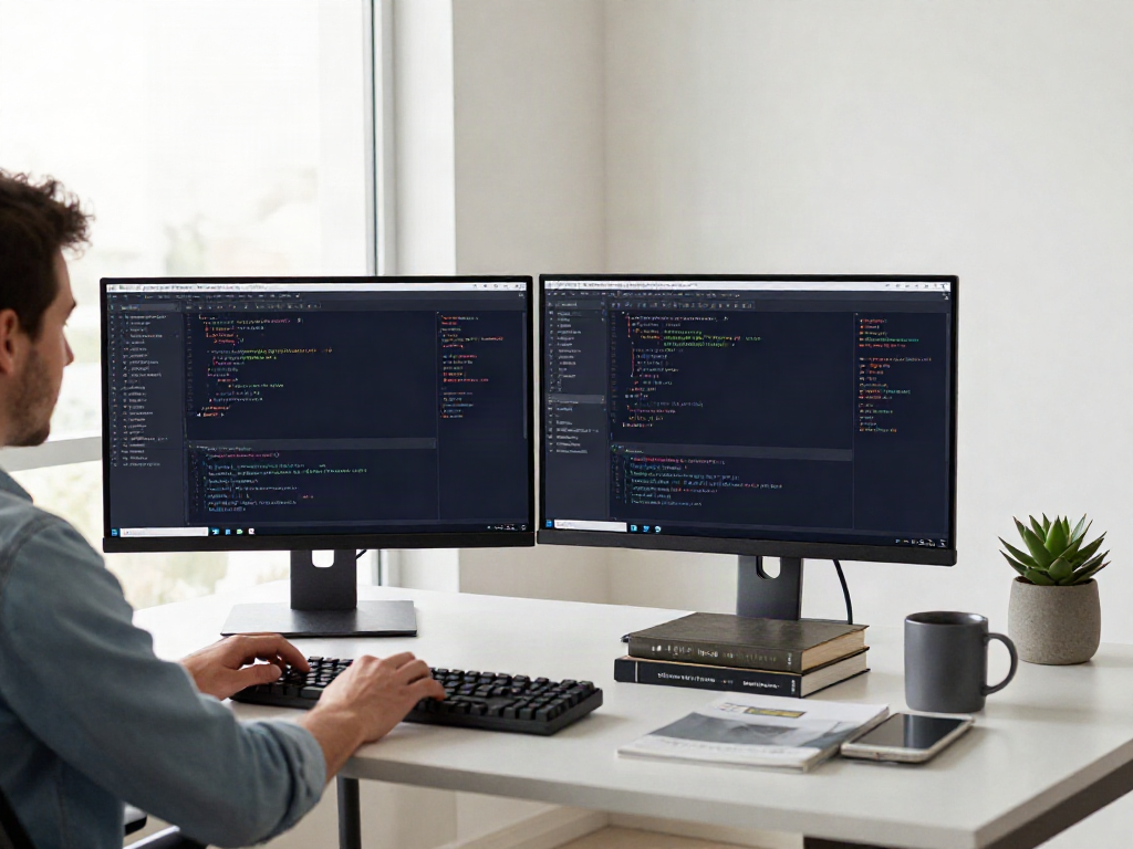 Developer coding on dual monitors in a modern workspace illustrating instant indexing techniques.