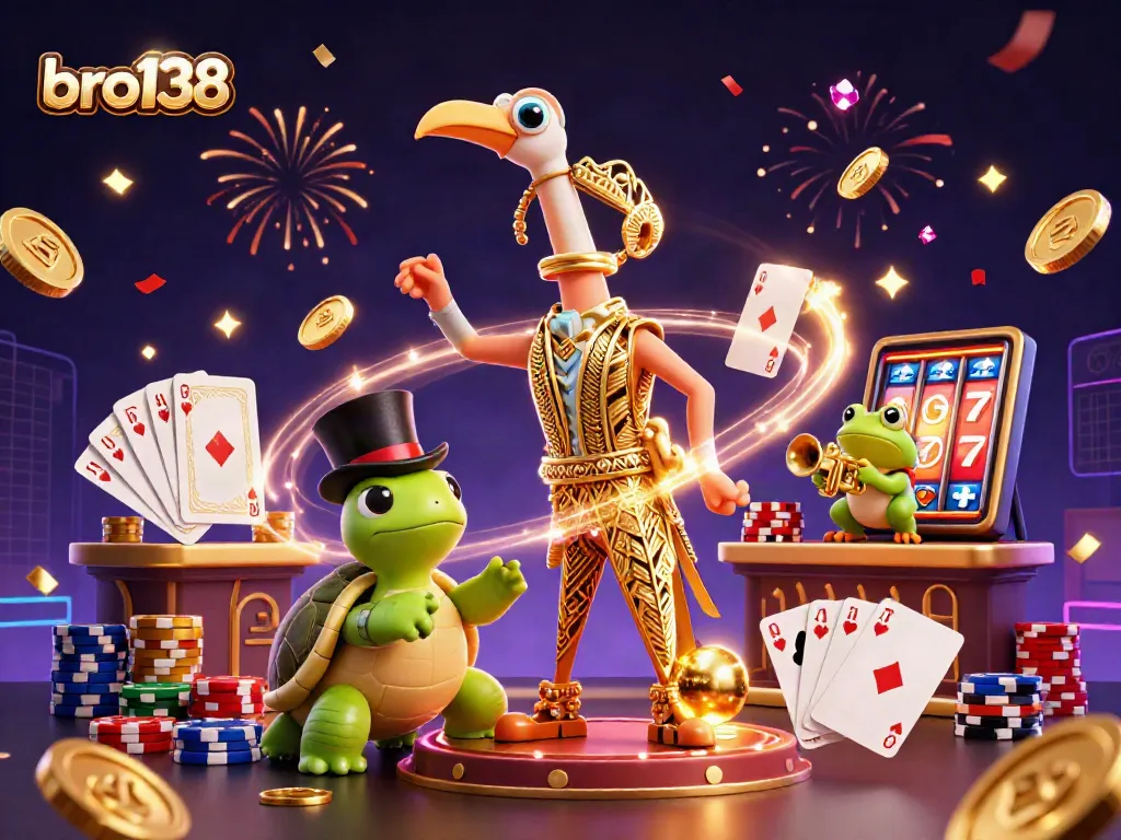 Experience the excitement at bro138 with vibrant casino characters amidst spinning reels and cascading coins.