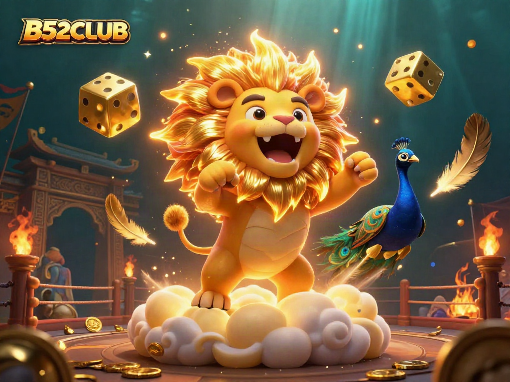 B52CLUB players enjoy an exciting scene with a roaring sun lion, golden dice, and dynamic casino elements.