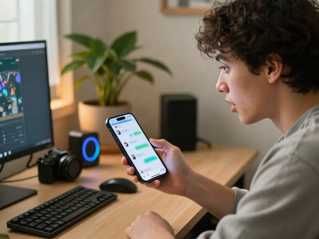 User engaging in AI sex chat using a smartphone in a cozy home environment, showcasing vibrant chat interface and playful emojis.