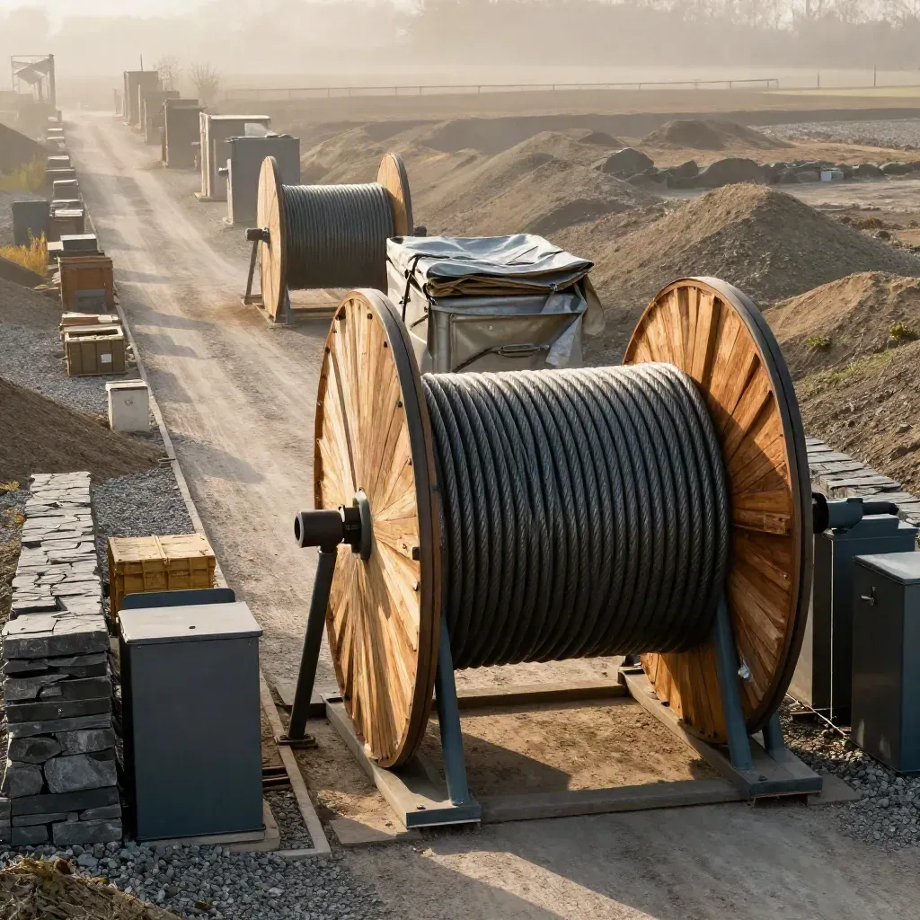 Cable drums, junction boxes, and packing crates line a misty wind site compound entrance.