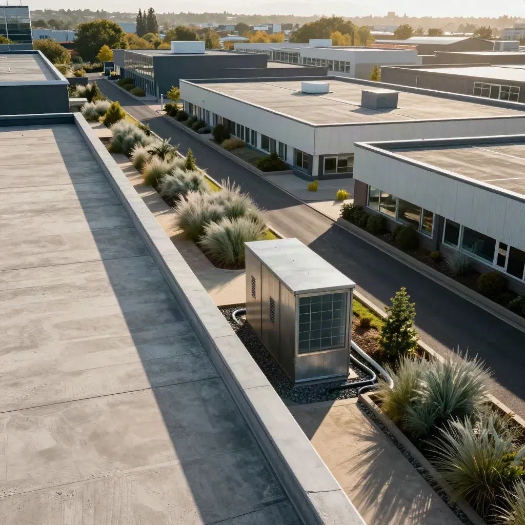 Cardiff business park roofscape with turbine site route, planted verge, and grid tie-in under hazy light