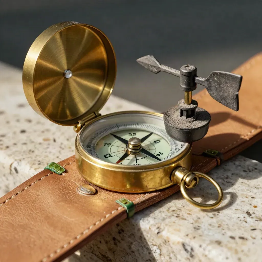 Macro of a brass compass, anemometer head and wind vane fin on travertine leather.