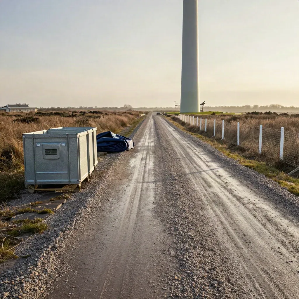 Low-angle turbine site road with spare parts crates and safety perimeter over marshland.