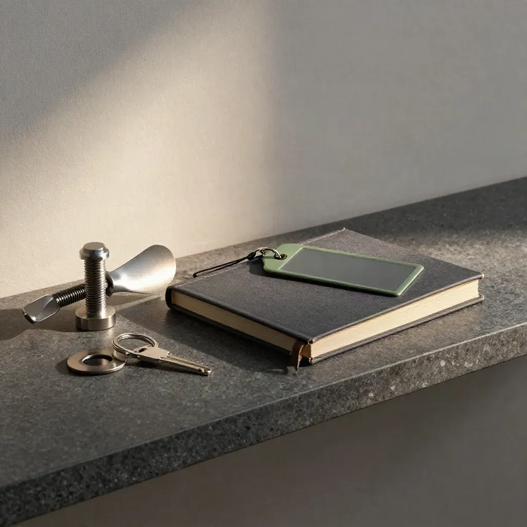 Stone shelf still life with bolt sample, key ring and closed logbook