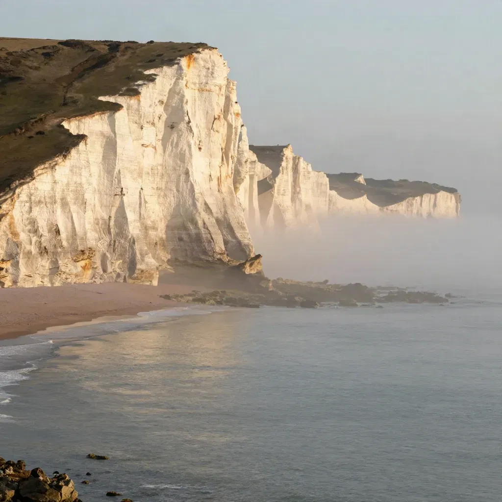 Dawn on the Jurassic Coast, chalk cliffs high above a misty slate sea