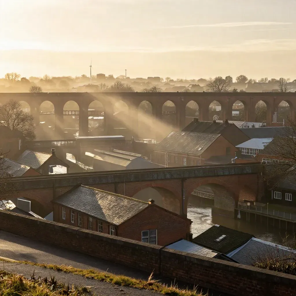 Sunlit West Midlands viaducts, canal bridges and rooftop turbines in warm haze.
