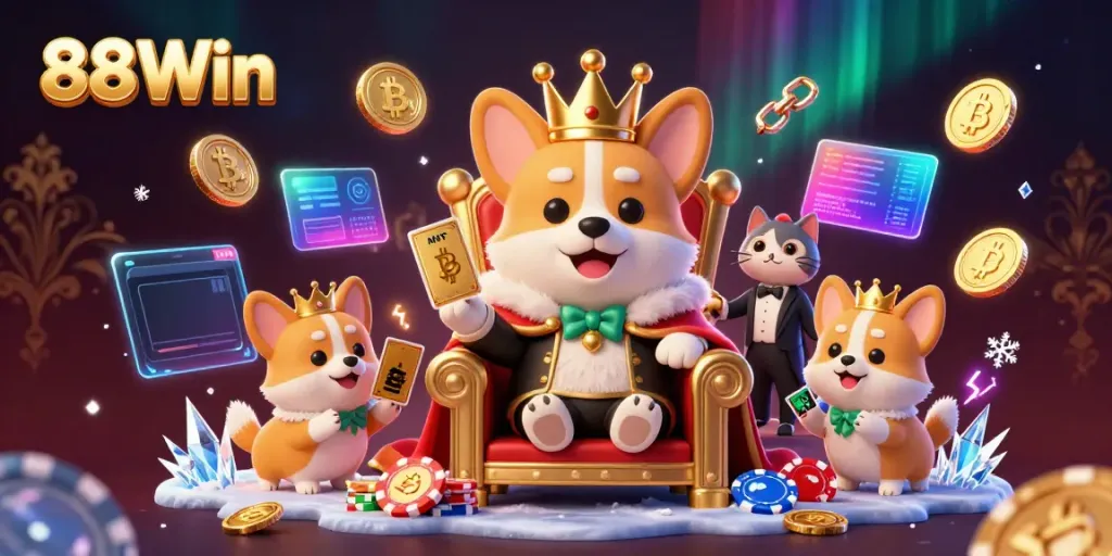 Experience vibrant gaming action with the royal corgi and dazzling crypto elements at 88Win casino.