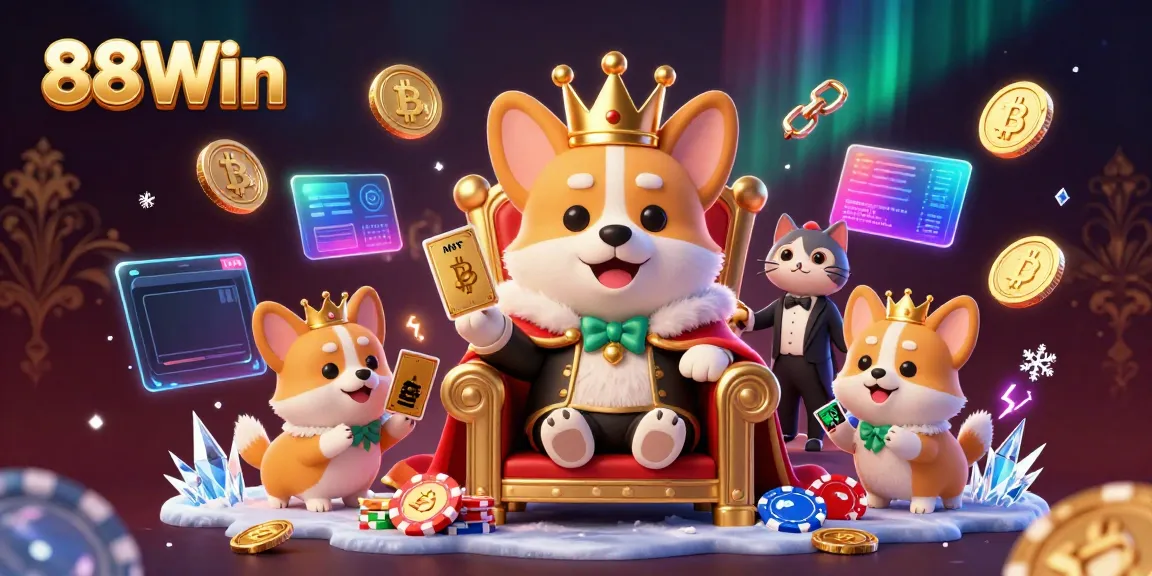Experience vibrant gaming action with the royal corgi and dazzling crypto elements at 88Win casino.