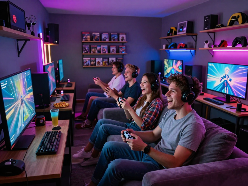 Group playing adult games in a vibrant gaming lounge environment