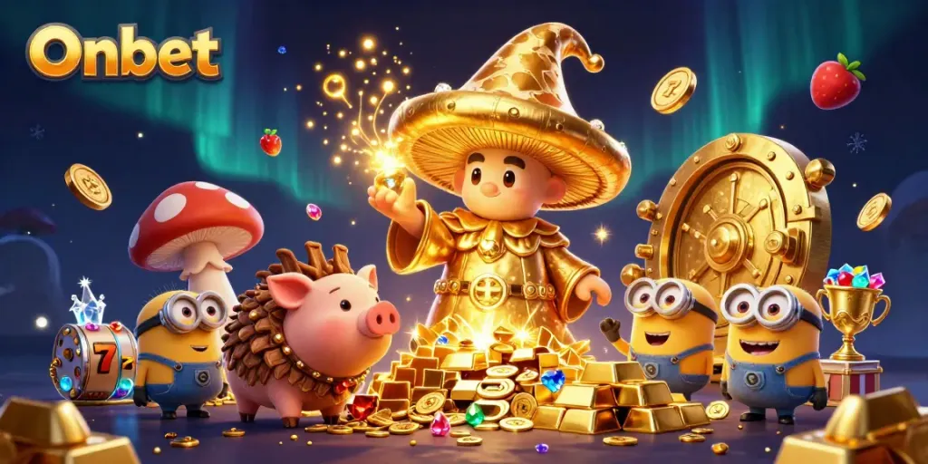 Experience the magic of Onbet with a golden mushroom wizard and treasures in a vibrant casino scene.