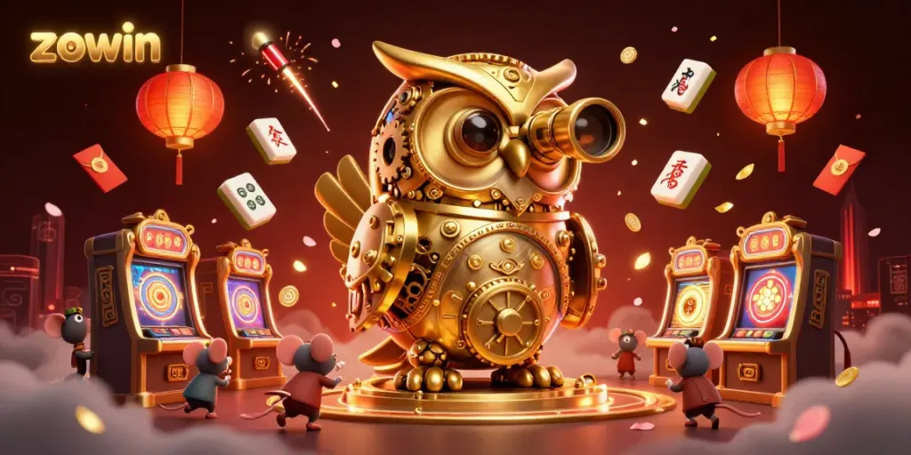 Experience the excitement of zowin with a golden owl and vibrant casino elements.