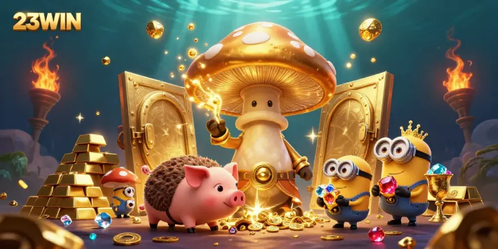 Engage in exciting gameplay at 23WIN, showcasing magical wizards and treasure scenes.