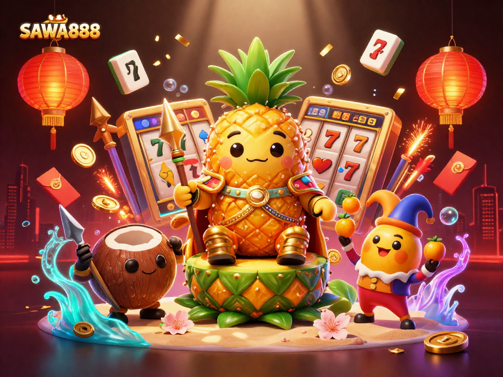SAWA888 jackpot celebration scene featuring vibrant elements like slot reels and golden symbols