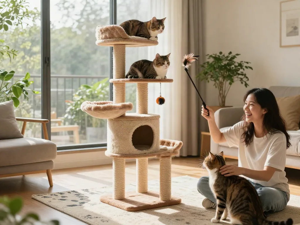 Cat tree with a happy cat lounging, showcasing a cozy living room vibe.