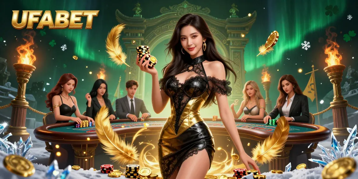 Experience exhilarating gameplay at UFABET with a stunning Baccarat scene featuring glamorous players and golden chips.