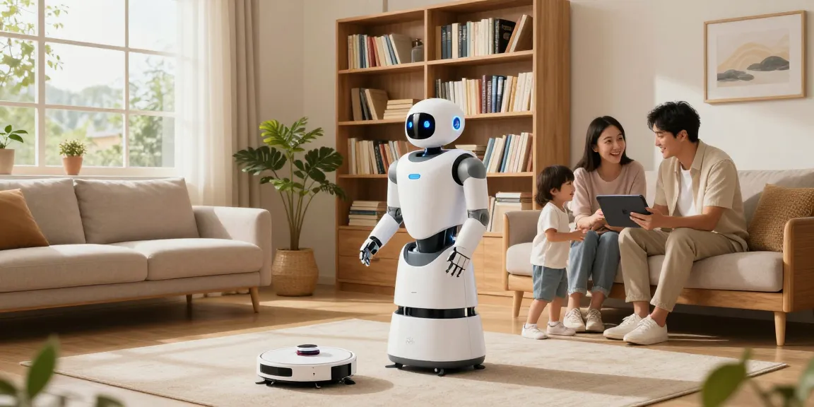 Home robot 2026, NEO, assists with chores in a modern living room, creating a warm family atmosphere.
