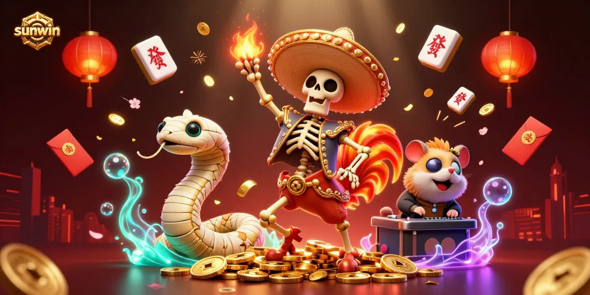 sunwin's vibrant gaming scene featuring a mariachi rooster dancing on gold coins, with lively gambling elements