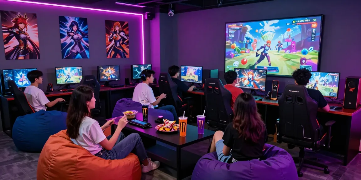 Gamers enjoying immersive ecchi games in a vibrant lounge setting with neon lights and character posters.