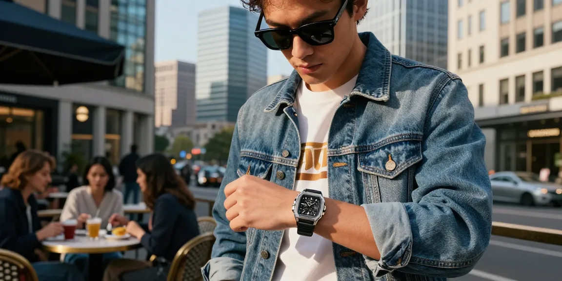Fashionable individual showcasing clone watches in a lively urban setting, highlighting stylish accessories and city life.