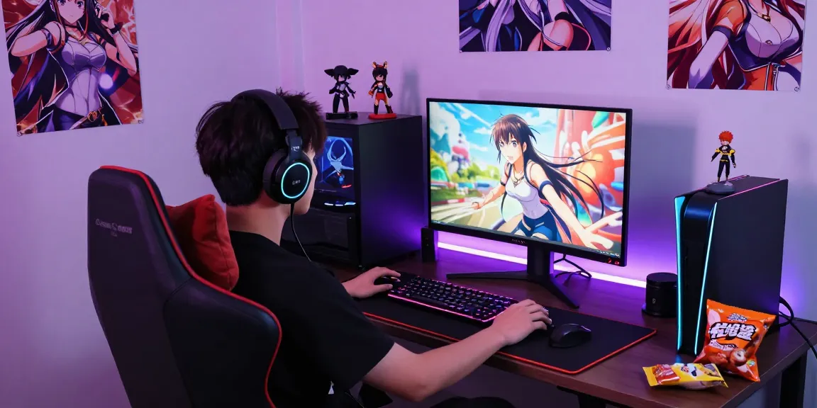 Player immersed in a hentai game in a cozy gaming space, featuring colorful RGB lighting and gaming accessories.