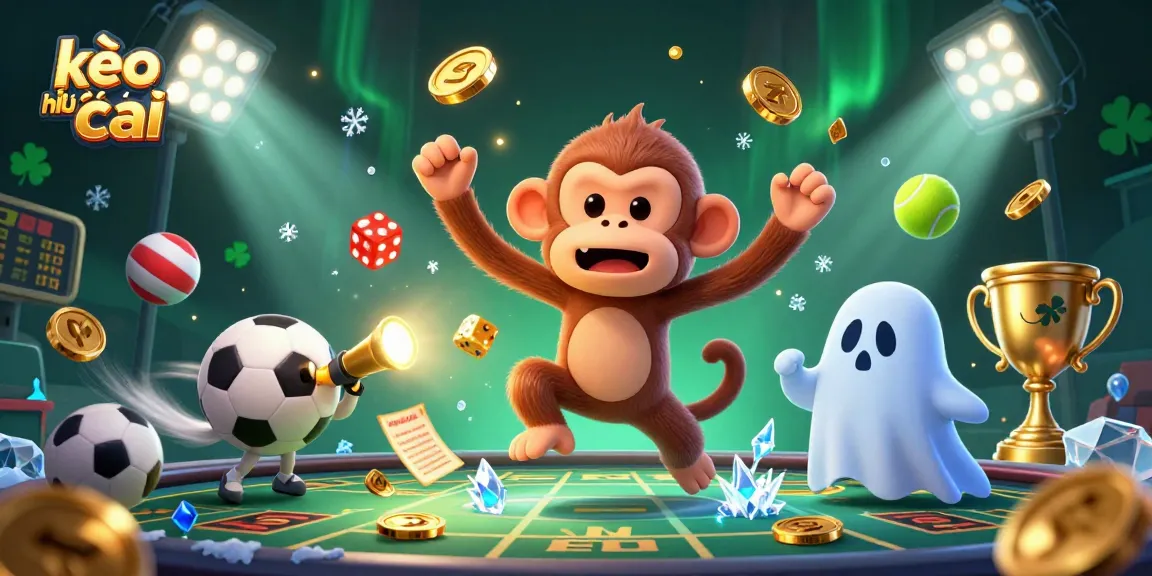 Bet on kèo nhà cái with an exciting scene of a playful ghost monkey juggling gold in a haunted casino.