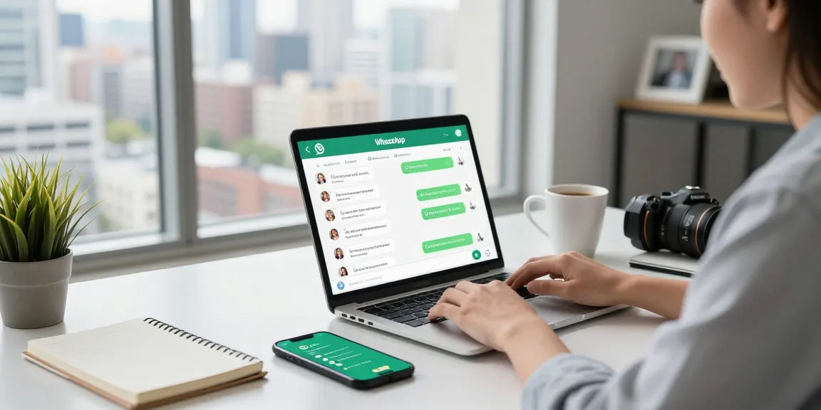 WhatsApp下載 interface displayed on laptop in a modern office workspace showcasing vibrant connectivity and productivity.