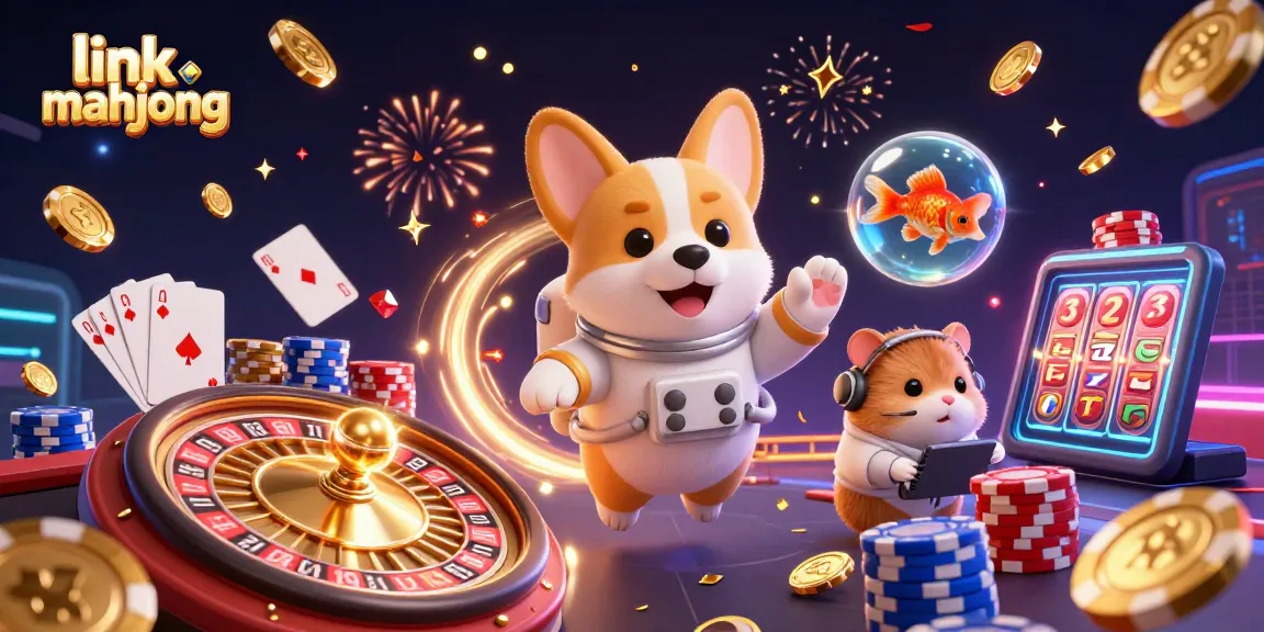 Engage with link mahjong as a whimsical astronaut corgi plays in a floating casino, surrounded by riches.