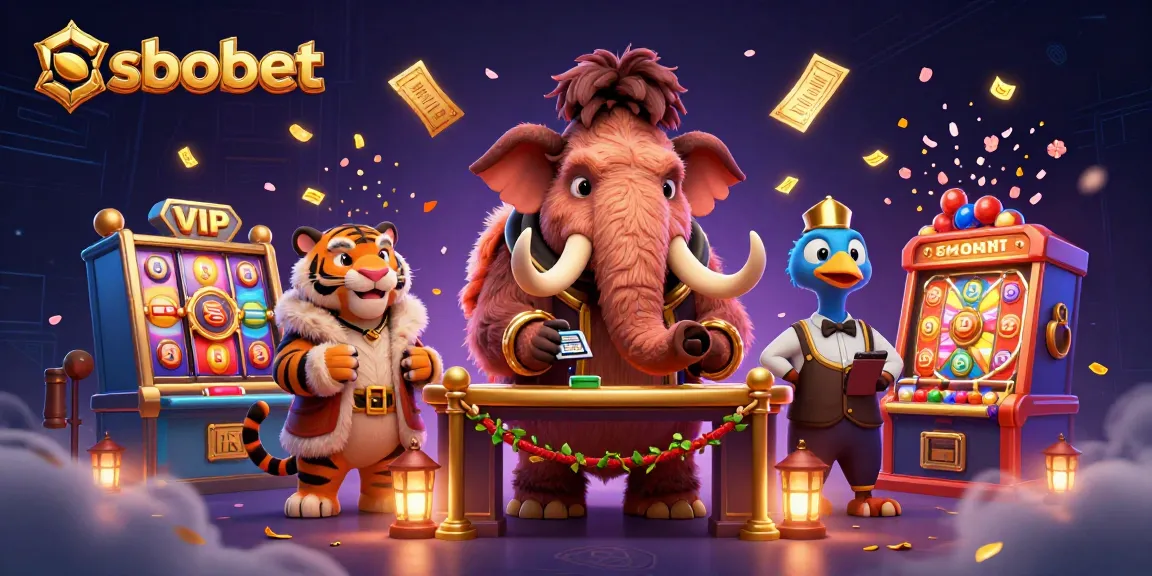sbobet features a vibrant casino scene with a woolly mammoth bouncer and dynamic gaming elements.