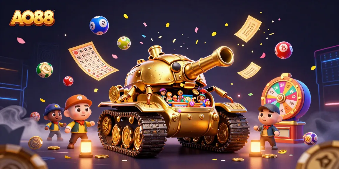 AO88 casino illustration featuring a massive golden beetle tank opening to a fun-filled miniature casino scene.