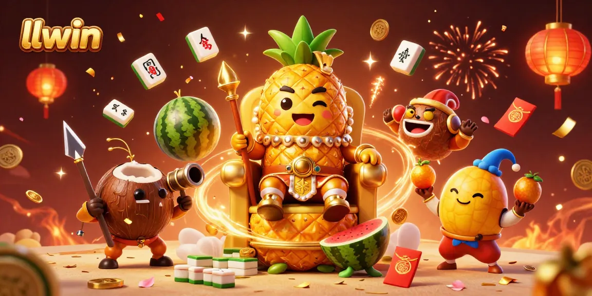 Experience thrilling gaming with llwin's vibrant 3D illustration featuring a golden pineapple king and festive casino elements.