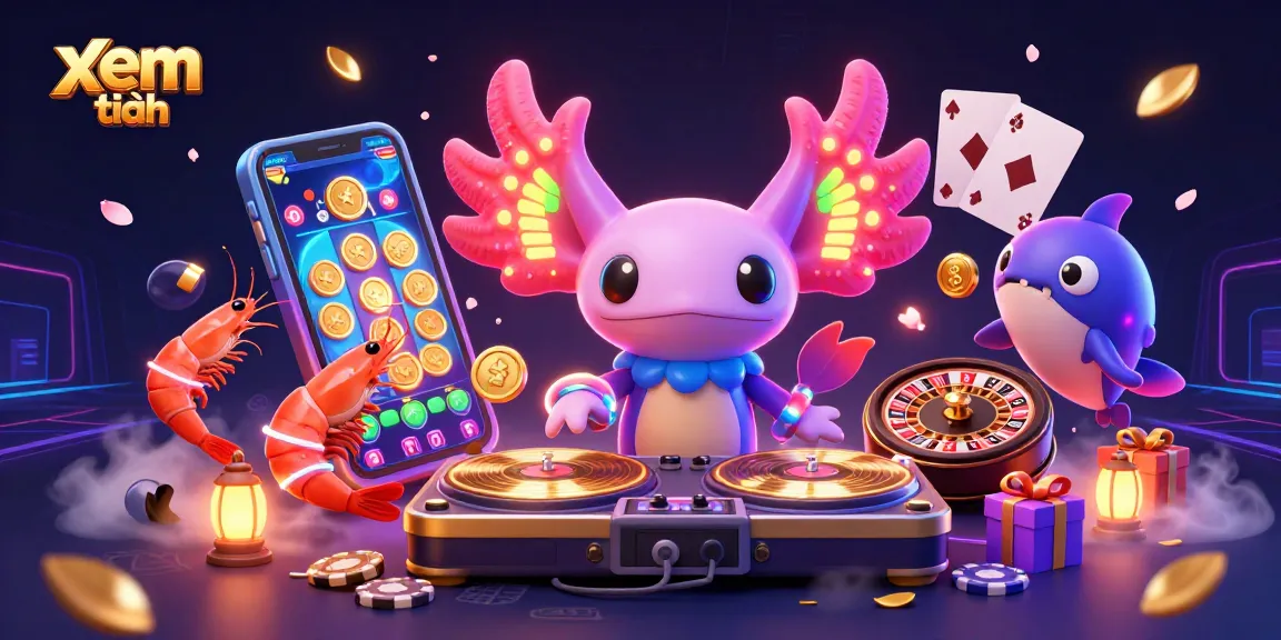 Experience the vibrant excitement of gambling with xem thêm elements in a dynamic casino scene featuring an axolotl DJ.