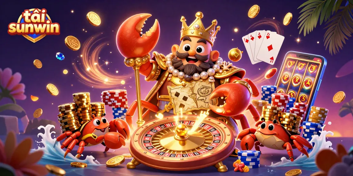 Experience the thrills of tải sunwin with a dazzling 3D scene of a golden crab emperor amidst vibrant gaming elements.
